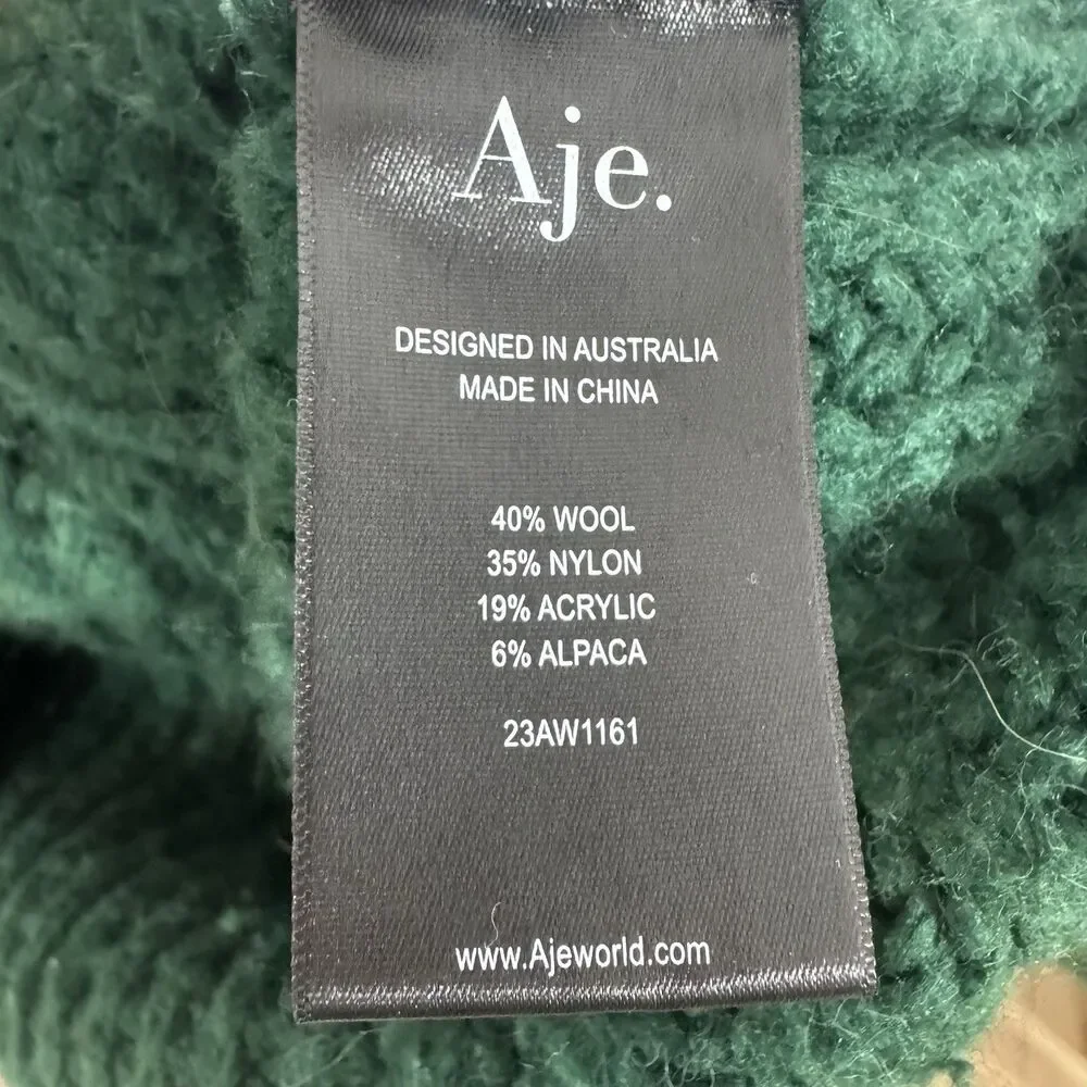 Aje Green Chunky Knit Braided Cable Sweater Women XL Wool Alpaca Blend